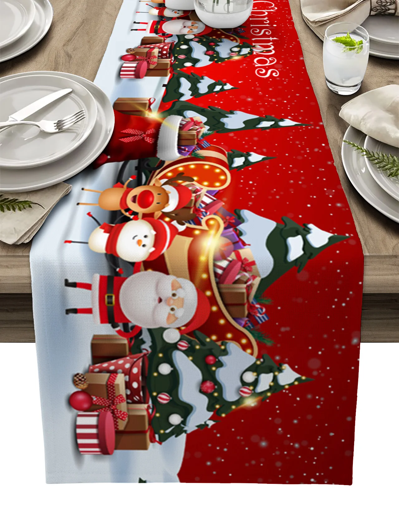 

Christmas Tree Santa Claus Snowman Elk Table Runner Wedding Decor Table Cover Christmas Decoration Holiday Party Tablecloth