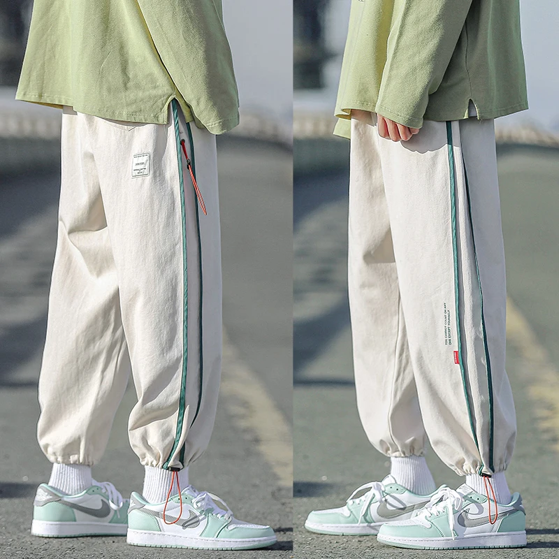 

TFETTERS New Streetwear Pants Men Spring and Summer Pure Cotton Splicing Drawstring Casual Pants Loose Mens Hip Hop Clothing