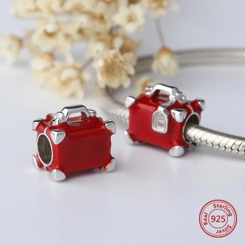 Медовый месяц бусины чемодан с красной эмалью ювелирные изделия Подходит pandora