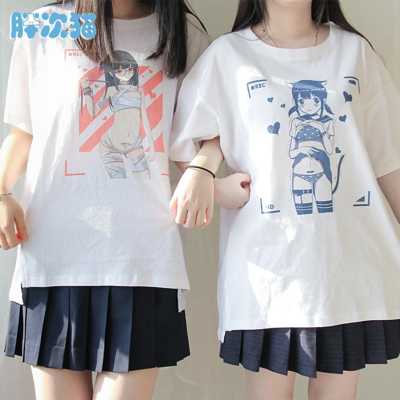 Японские Женские футболки в стиле Харадзюку для девочек с принтом коротким