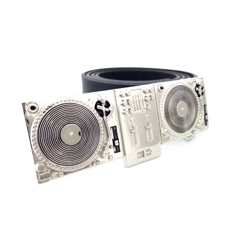 Black PU Leather Waist Belt for Men with DJ Music Turntables Silver Big Metal Buckle Western Cowboy Fashion Male Accessories
