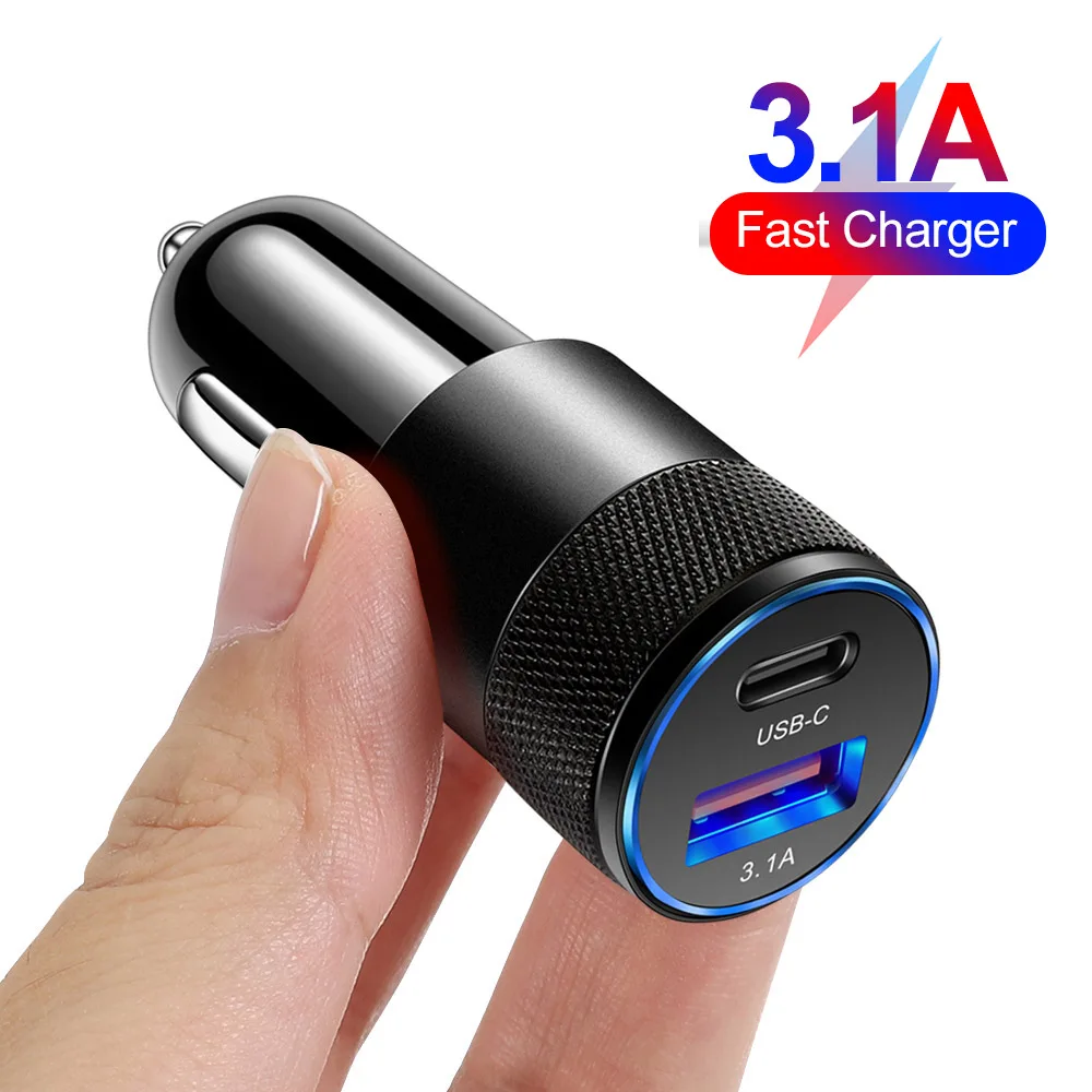3.1A USB Car Charger PD QC 3.0 Dual USB Quick Charge Max 18w For iPhone 12 Pro Samsung Huawei Xiaomi USB-C PD Fast Charging