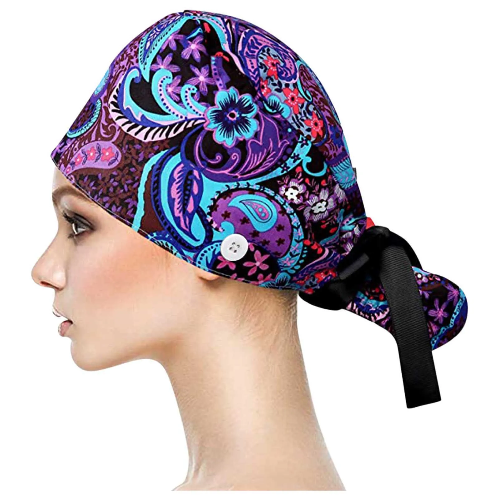 

Unisex cotton adjustable scrubs caps Tieback Elastic pet grooming hats Floral printing hat working cap beauty salon working caps