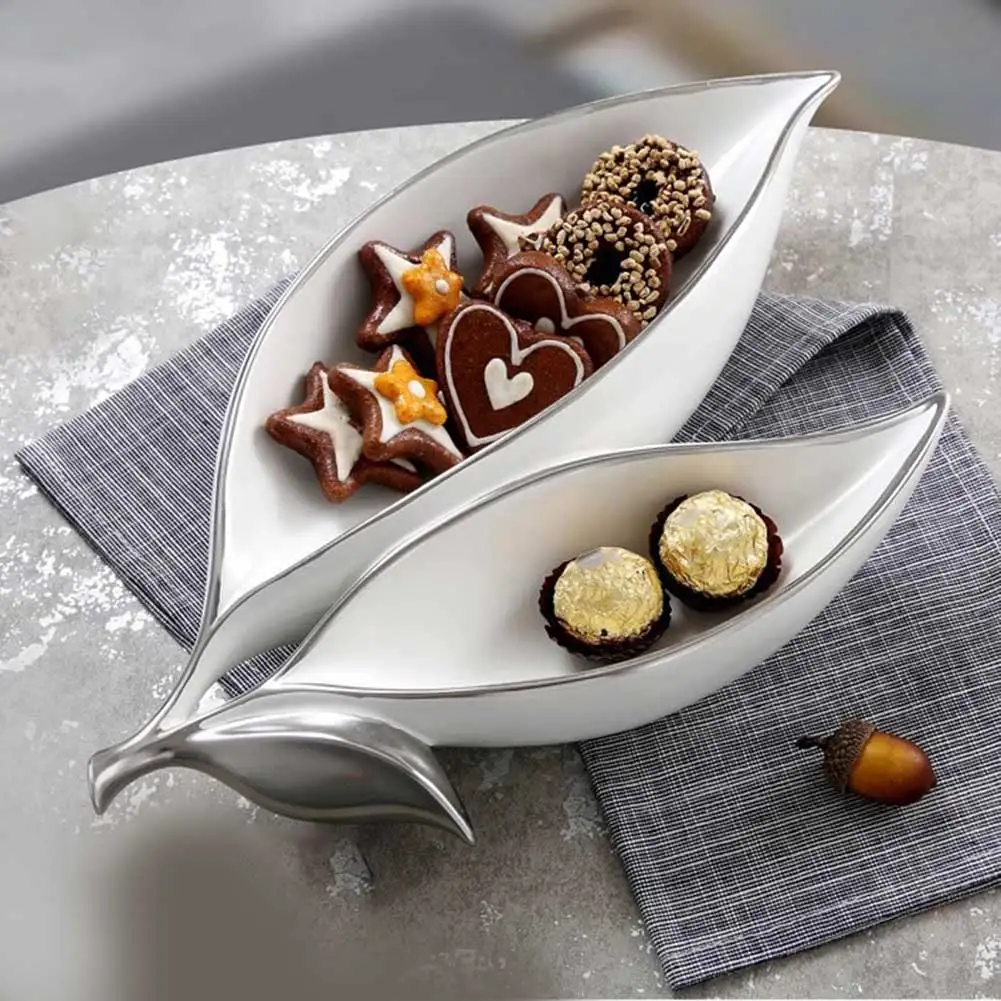 

Ceramic Fruits Plate Double Leaves Shaped Coffee Table Nuts Fruit Plate Home Decor Ornament