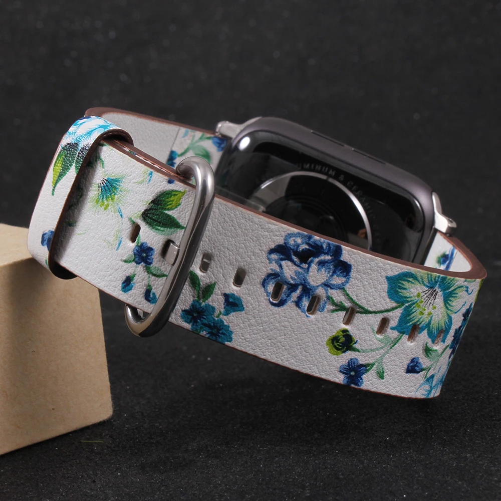 Ремешок кожаный для Apple Watch 6 5 4 3 2 1 38 мм/40 мм сменный цветочный браслет Iwatch Series 42