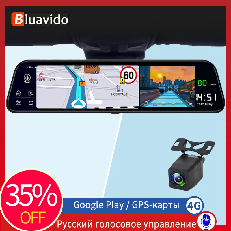 Bluavido 12 дюймов Автомобильное зеркало заднего вида 4G ADAS Android GPS Navi DVR 3 в 1 HD 1080P