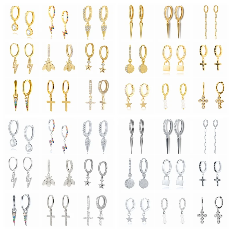 

2021 Ins Lock Star Cross Geometry Hoop Earrings for Women Sterling Silver Crystal Earing Metal Huggie Earrings Jewelry Aros