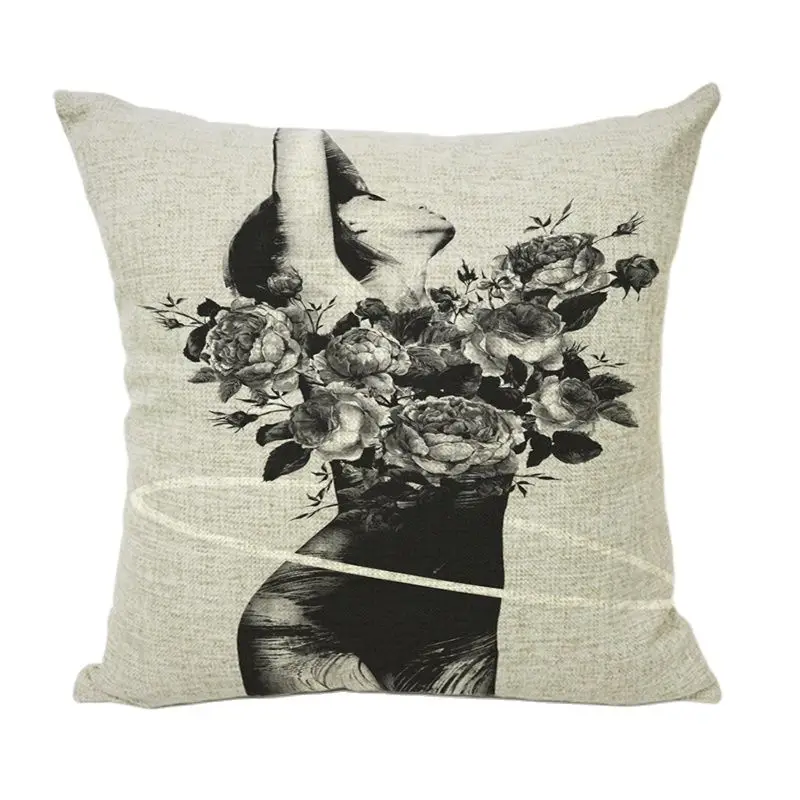 High Quality Cushion Cover Beautiful Girl and Flower Pillow Covers Chair 45X45Cm Cotton Linen Home Couch Seat Decor Eid Cojines | Дом и сад