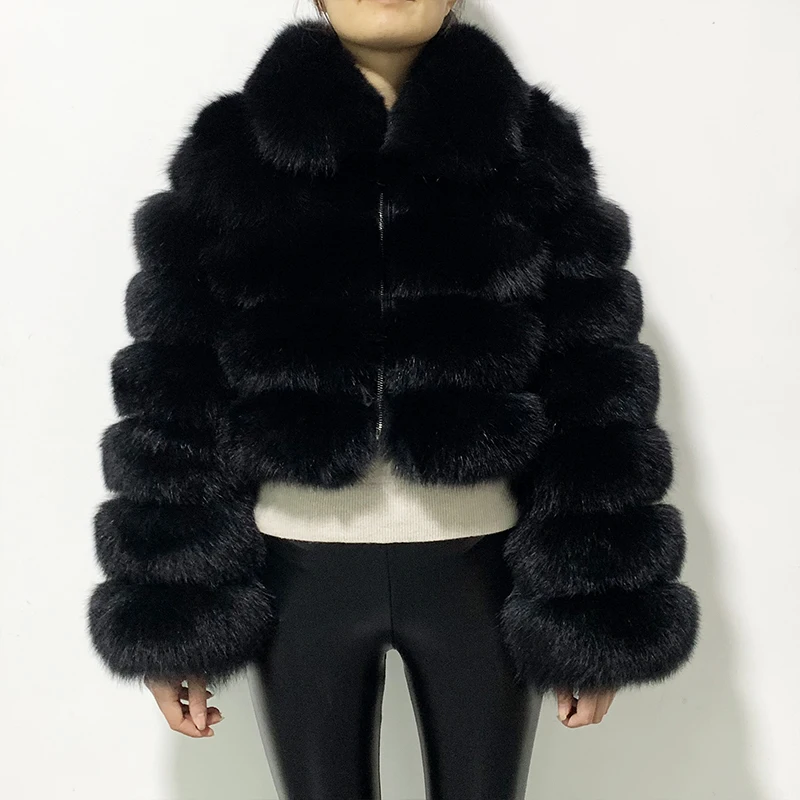 rf1982 Winter Woman's Fashion Short Style Slim Fit Zipper Real Fox Fur Bomber Jacket