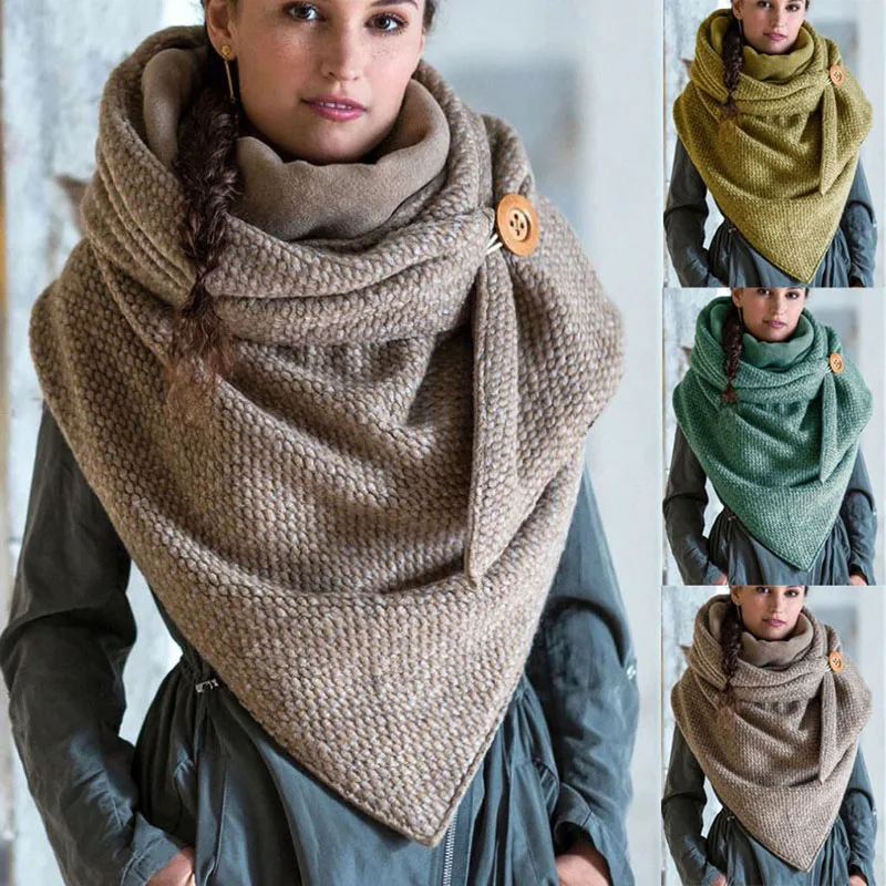 

Winter Ladies Scarf Fashion All-match Printing Leisure Thickening Warm Adult Shawl Knitted Button Design Scarves Outdoor NewTide
