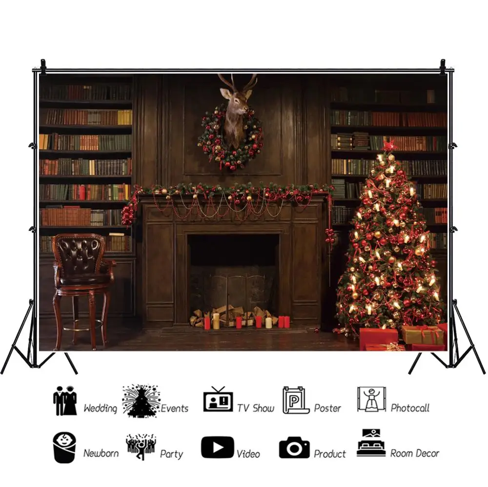 Старая деревянная книжная полка книги комната камин Рождество олень дерево