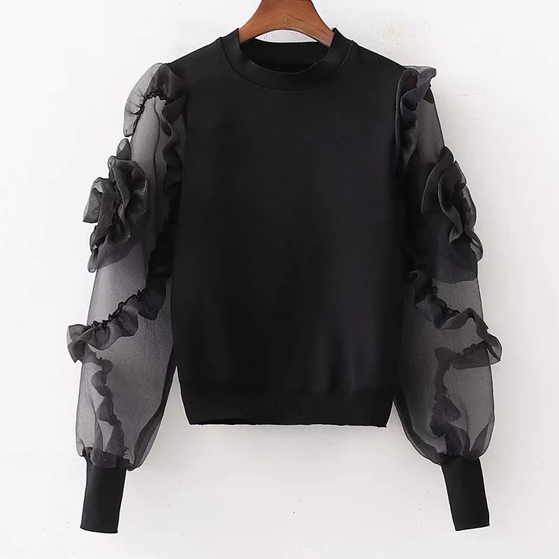 ZA осенний Новый женский свитер 2019 модный круглый вырез органза длинный рукав в