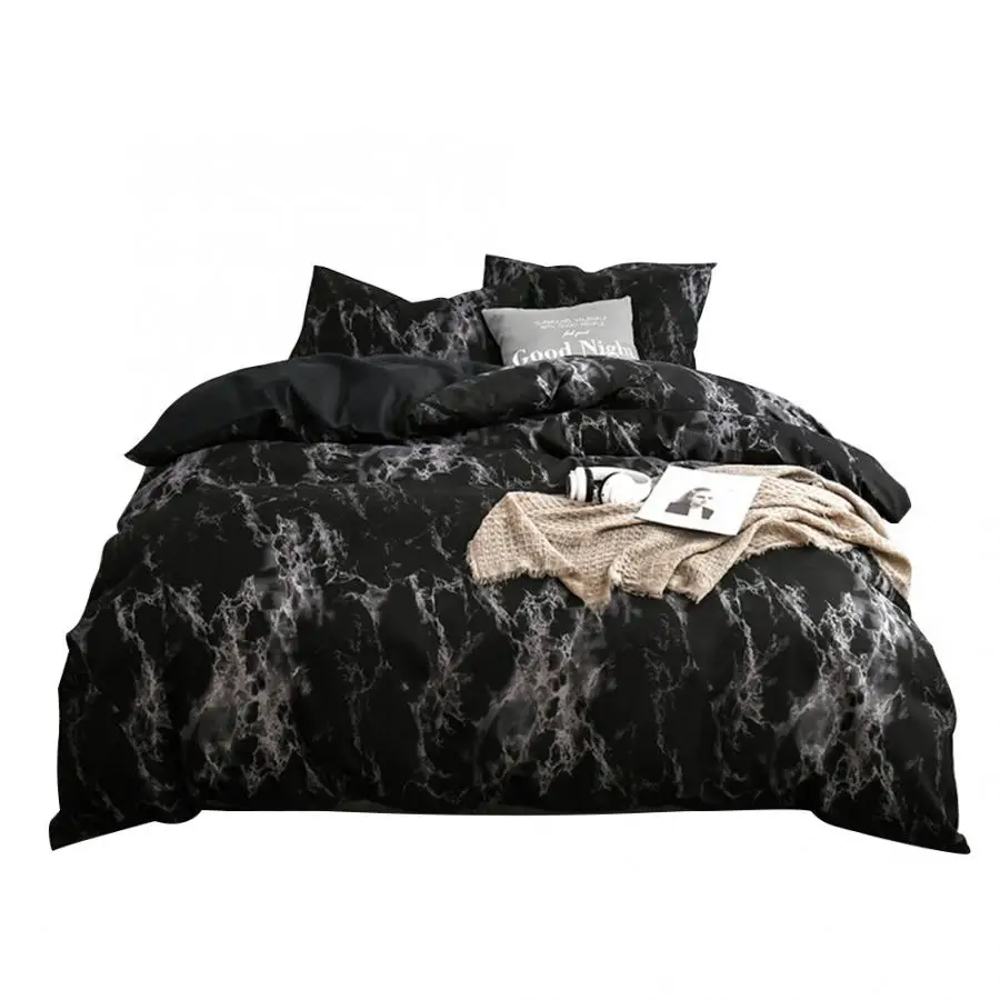 Черный Nordic 3Pcs/Set Marbled Print Polyester Quilt Cover Pillowcase Bedding US-EU-Super King Size Nordic Double Bed Covers - Цвет: Черный
