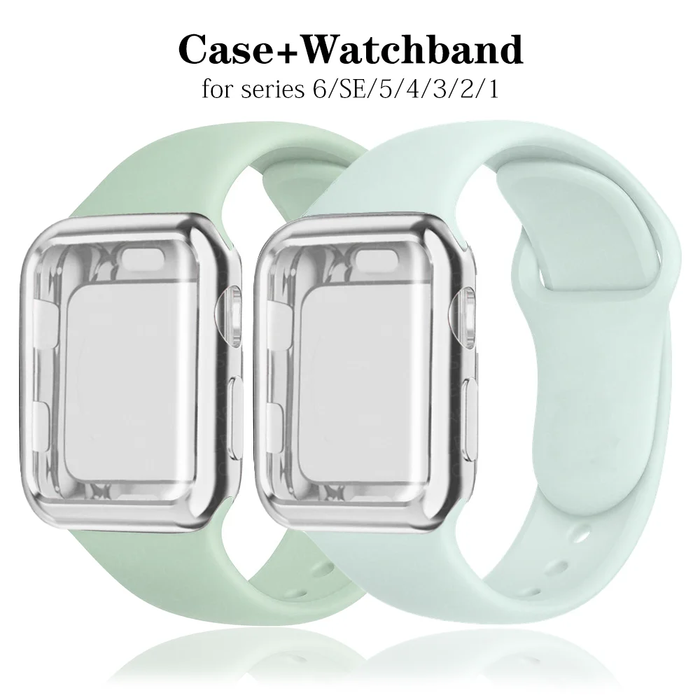 

Cover+Strap For Apple Watch band 44mm 40mm 38mm 42mm Silicone Sport smartwatch belt bracelet+PC case iWatch series SE 6 5 4 3 2