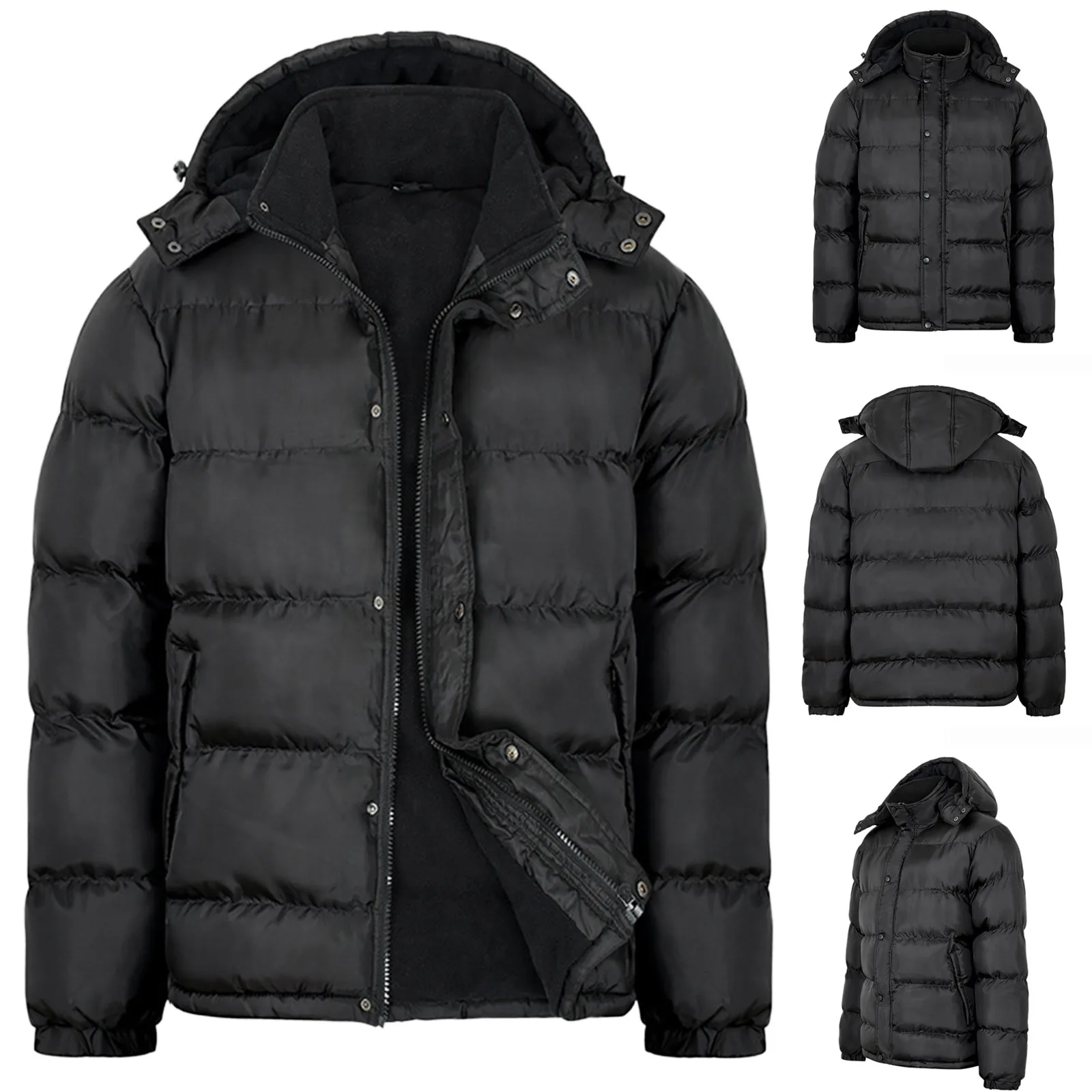 

Men's Warm Thick Bread Cloth Winter Hooded Solid Color Full-Zipper Cotton-Padded Plus Size Coat Jacket with Pockets