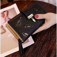 Women Wallet Gold Hollow Leaves Leather Zipper Coin Purse Female Long Hasp Multifunction Card Holders Clutch Phone Bag Lady