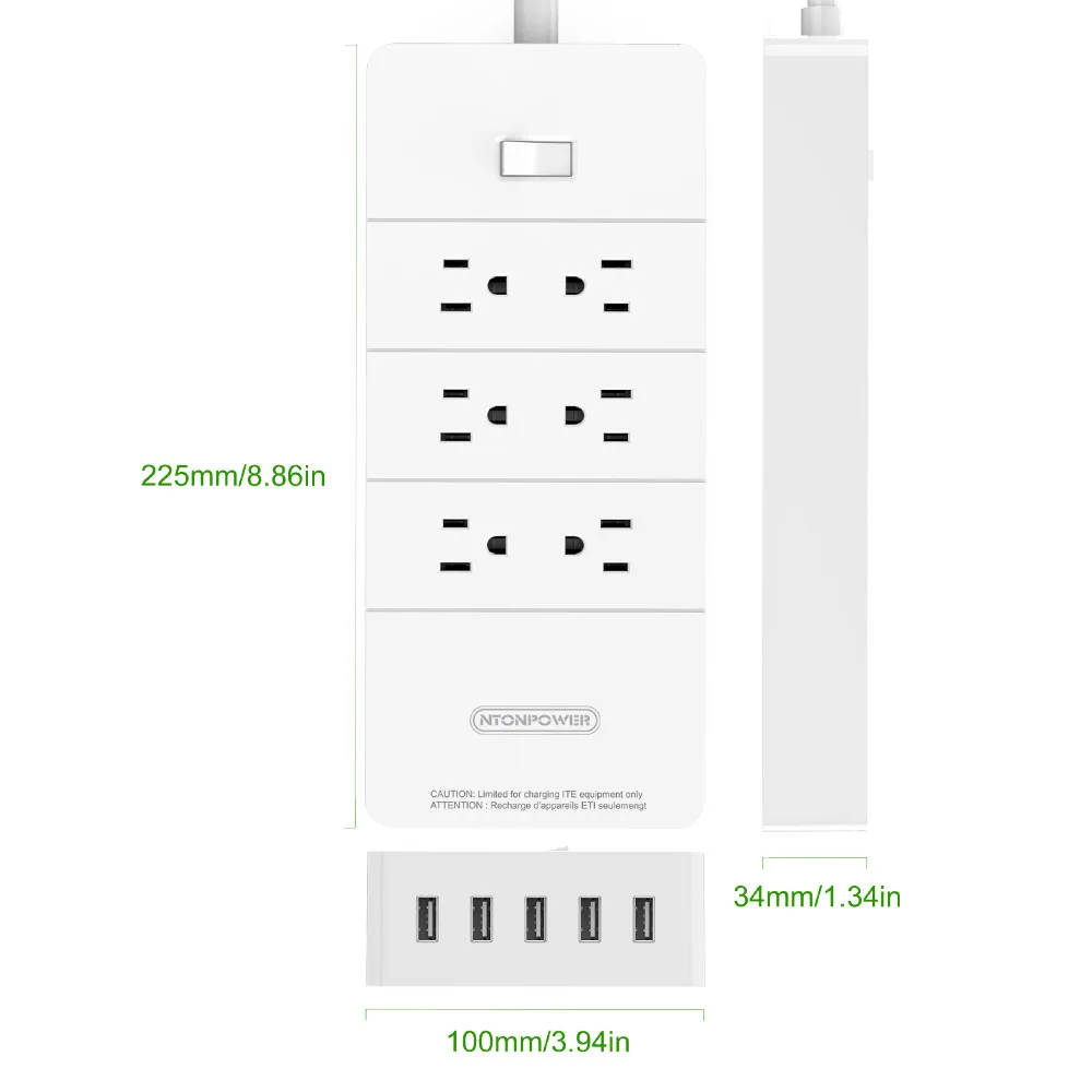 Фото NTON POWER HPC штепсельная вилка стандарта США USB розетка ETL, указанная с переключателем перегрузки/защитой от перенапряжения 8AC розетка 5 портов 2.... №2