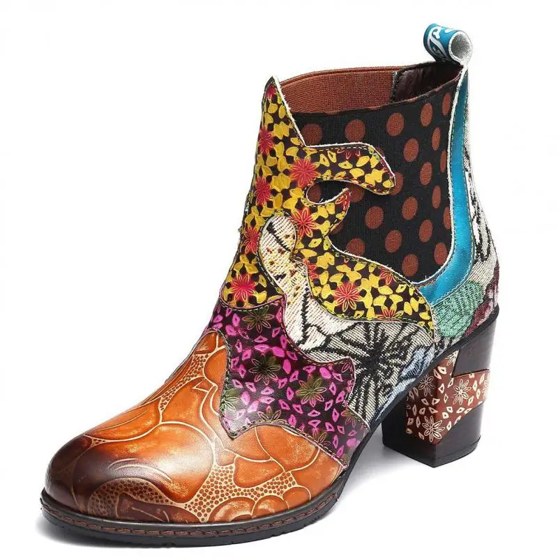 Vintage Leather Round Toe Ankle Boots For Women Pu Leather Retro Shoes Woman Block High Heels Women Boots 2020 Booties