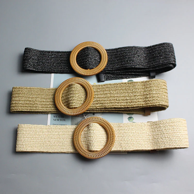 

Women's belt, boho-style, braided, wooden, soft buckle, wide belt, for women, summer and holiday