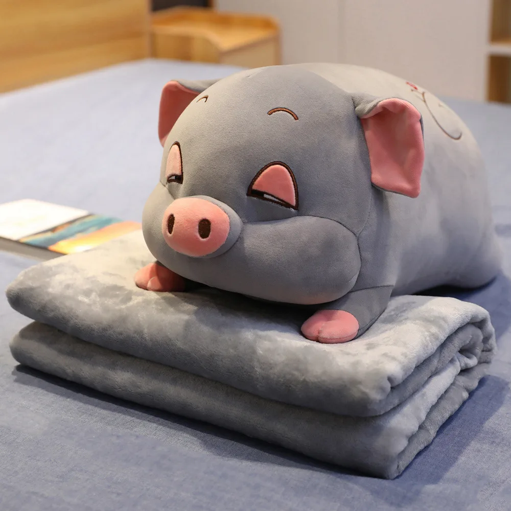 Grey with blanket Супер мягкая розовая подушка в виде сонной свиньи с фланелевым одеялом, высококачественные плюшевые игрушки, подушка в виде хомяка и мыши, подушка для кровати - Цвет: Grey with blanket
