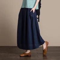 free shipping 2021 new linen fashion long maxi a line skirts for women elastic high waist summer linen skirts blue beige khaki