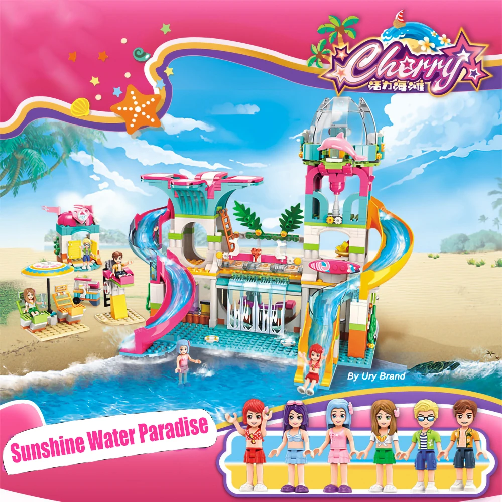 

New Modern Girls Princess's Beach Sunshine Paradise House Set Water Slide Dolls DIY Educational Building Blocks Toy for Friends