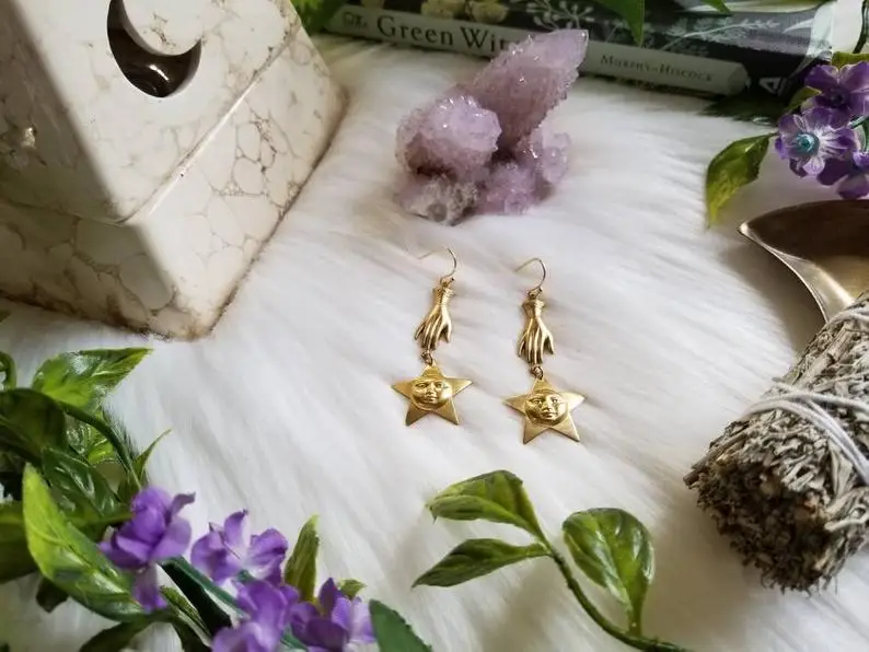 

Magic Earrings,Celestial, Saturn and Star, Hand Earrings,whimsical Earrings