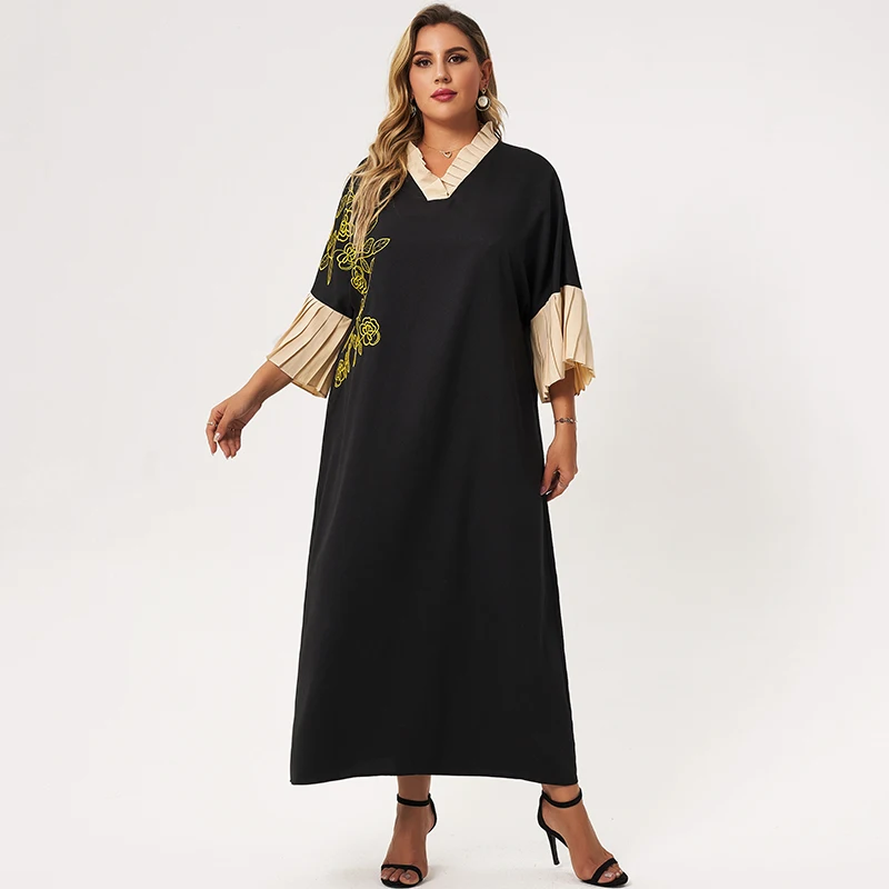 

New Summer Maxi Dress Women Plus Size 2022 Black Loose Floral Embroidery Petal Collar Stitching 3/4 Sleeve Large Elegant Robes