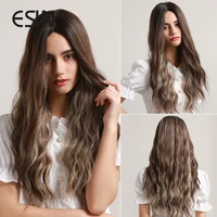esin synthetic dark brown ombre blonde mixed long water wave wigs for women curly natural cosplay party hair heat resistant with