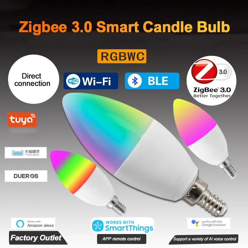 

Tuya Zigbee 3.0 E14 E12 Smart Control Lamp Led RGB Light Dimmable RGBCW 5W Lamp Colorful Changing Bulb Decor Home Voice Control