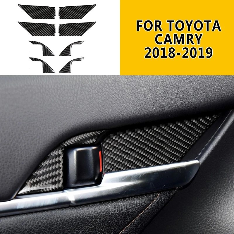 

pcmos Carbon Fiber Car Styling Interior Door Handle Bowl Cover Trim For Toyota Camry 2018 2019 Interior Mouldings Stickers 8Pcs