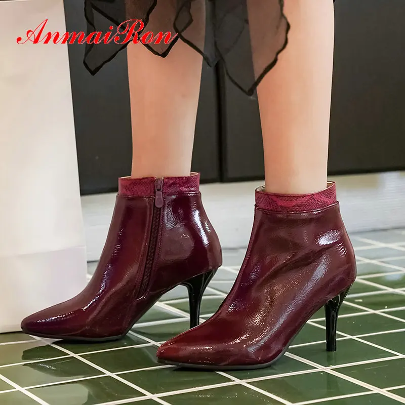 

Женские ботинки без шнуровки ANMAIRON, зимние элегантные ботинки из искусственной кожи на тонком каблуке, с острым носком, размеры 34-43, 2019