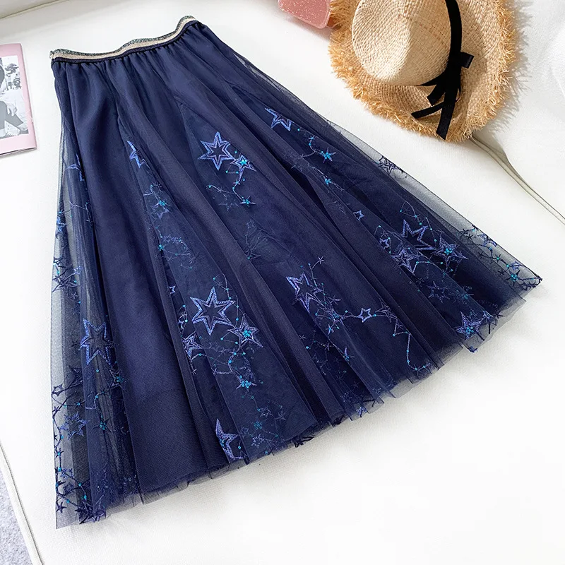 

Skirts for women Embroidered sequined net gauze fluffy gauze women's half-length with large swing skirt starry sky long skirt
