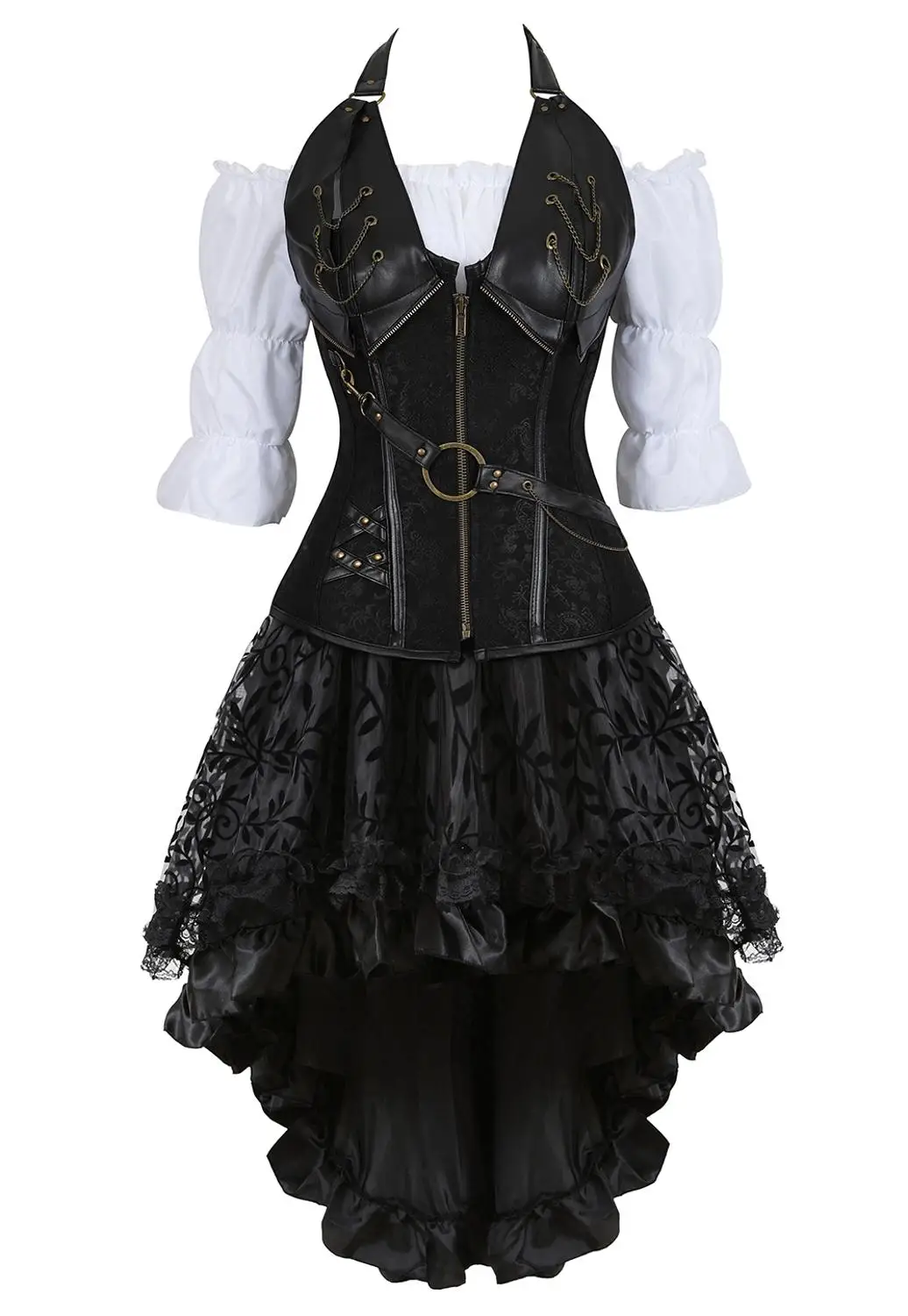 Corset Steampunk Dress Bustiers Corset Skirt Three-Piece Leather Pirate Lingerie Corsetto Irregular Burlesque Plus Size