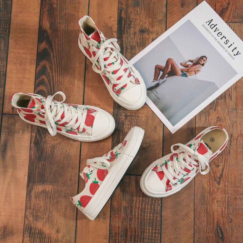 

2021New Casual hot women's shoes Strawberry plate shoes web Celebrity white shoes Cute cartoon high-top low-top shoes