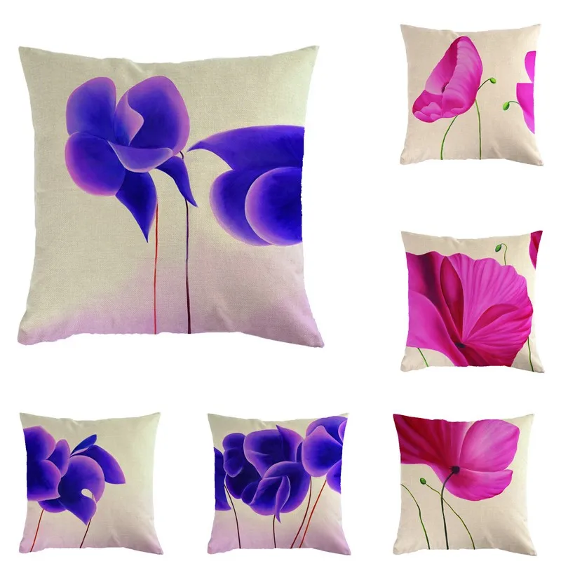 

Pink and Purple Flowers Poppies Print Cushion 45*45cm Cushion Cover Linen Throw Pillow Car Home Decoration Decorative Pillowcase