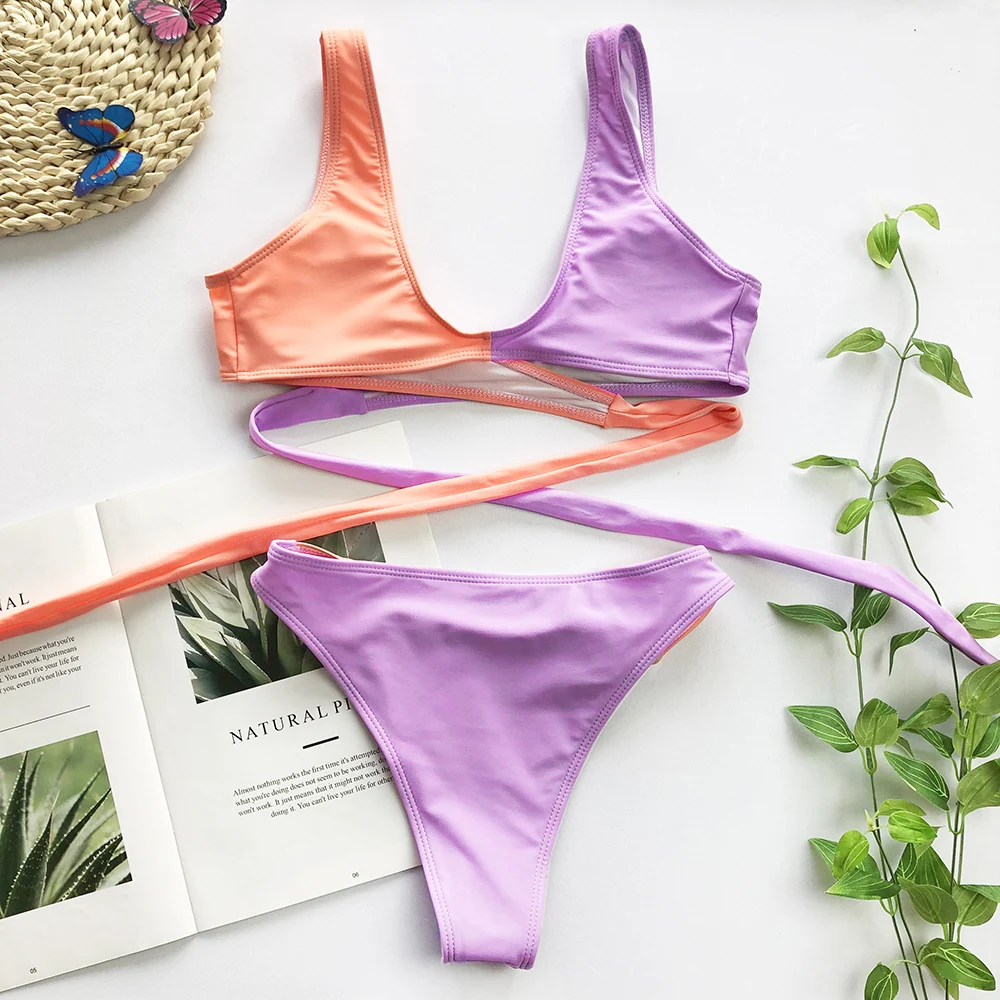 Контрастное бикини набор лоскутный купальник сексуальный пуш-ап женский галстук