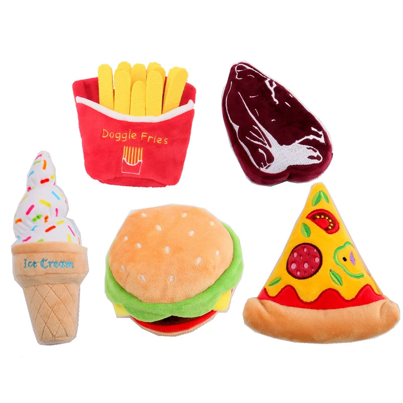 

Cute Pet Plush Toy Creative French Fries Burger Meat Funny toy Interactive Squeaky Chew Bite Dog Toys Accessories Supplies