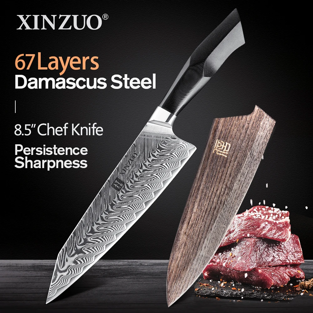 

XINZUO 8.5" Inches Chef Knife Damascus Super Steel Sharp Kitchen Santoku VG10 Gyuto Knives Beautiful Gift Box with G10 Handle