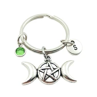 wicca pentagram moon initial letter monogram birthstone keychains keyrings creative fashion jewelry women gifts accessories