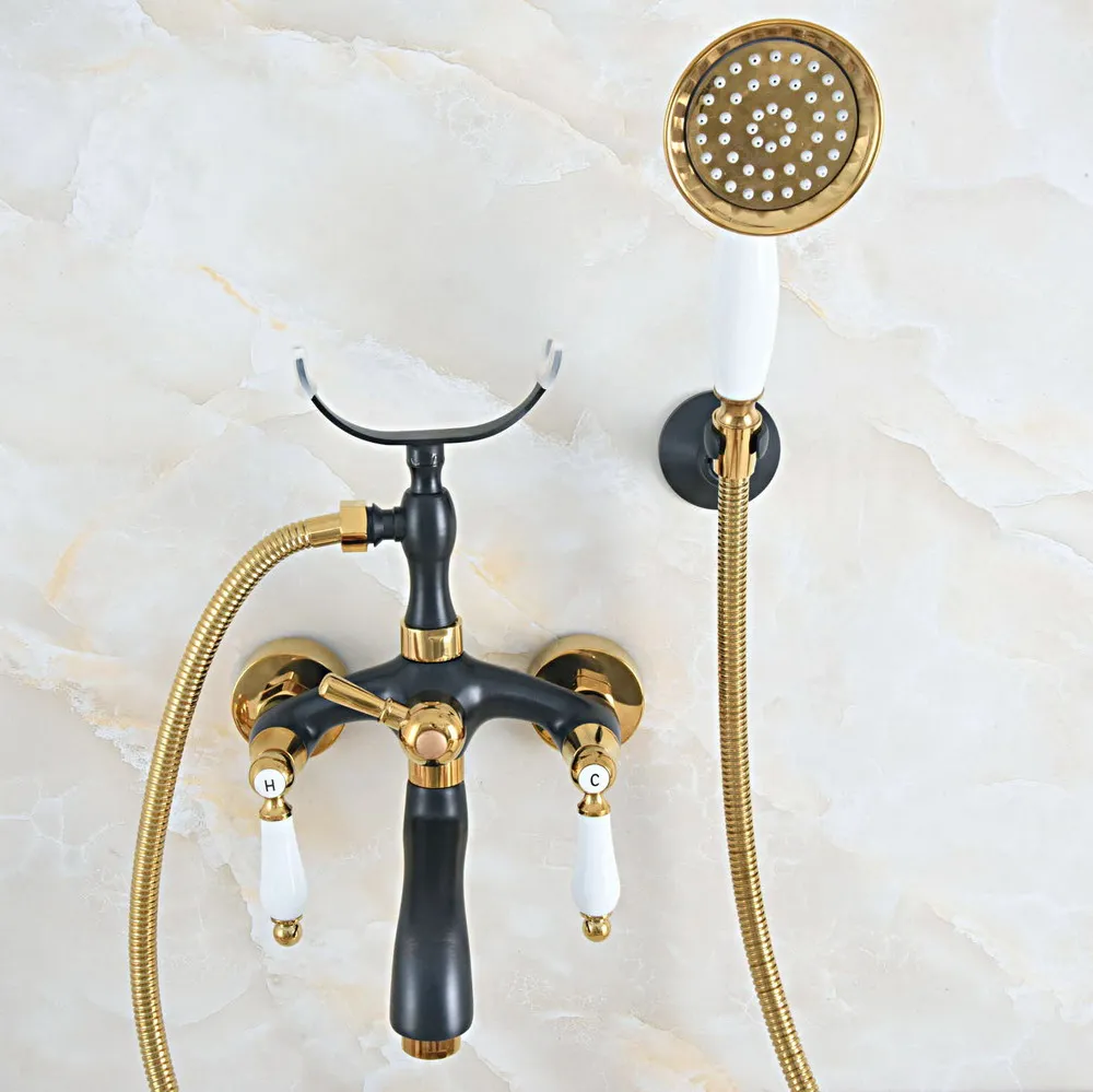 

Black Gold Color Brass Wall Mount Bathroom Tub Faucet Dual Ceramic Handle Telephone Style Hand Shower Clawfoot Tub Filler ana543