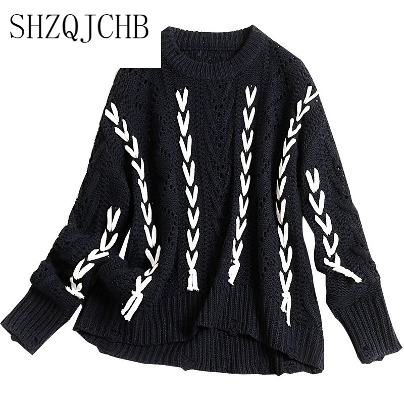 

2021 Women Winter Casual Knitted Sweater Pullovers Blue White Color Block Cross Round Collar Loose Style Top Warm Blue
