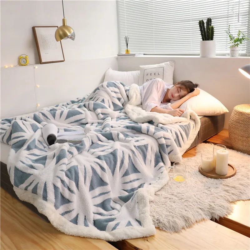 

Blue White Blanket Wither Bed Throw Blankets Jaquard Flannel Fleece Bed Cover Bedspread Double Layer Quilts Snowflake 220*240cm