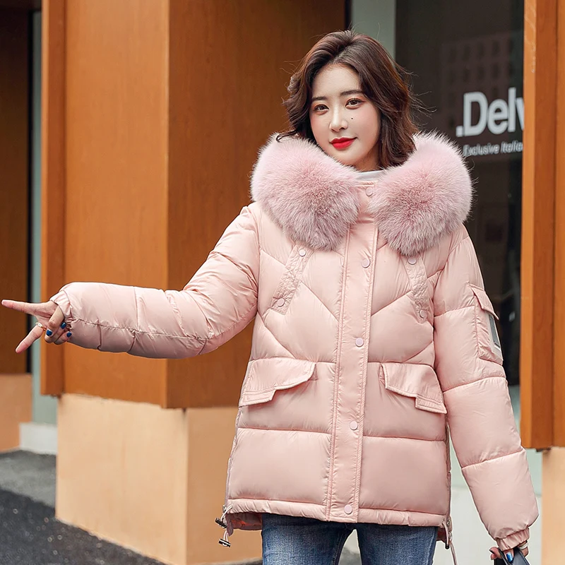 KoHuiJoo Winter Parkas Women 2021 Loose Cotton Padded Thick Faux Fur Collar Hooded Warm Puffer Parka Coat Pink Blue Khaki