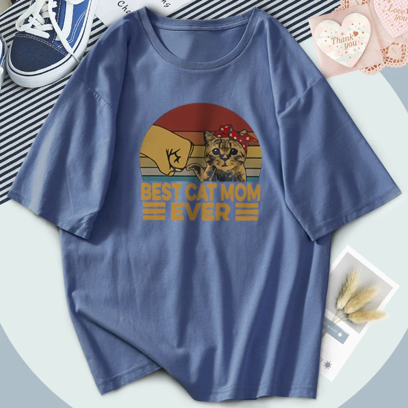 

Elegant Beat Cat Mom Ever Women T-shirts Print Fashion Loose Tshirts Vintage Outdoor Funny Tops Tees Breathable Ladies Camiaetas