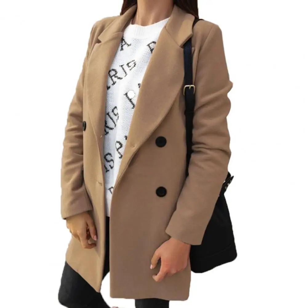 

Winter Women Jacket Long Solid Color Long Sleeves Polyester Buttons Overcoat Mid-Length Coat Elegant Office Lady Open Stitch Top