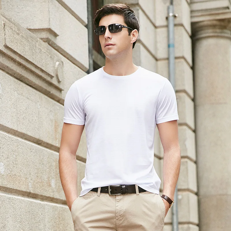 

Short Men Summer Mulberry Silk Sleeve Round Collar T-shirt Men's Solid Color Casual Tshirt Base Shirt Free shipping