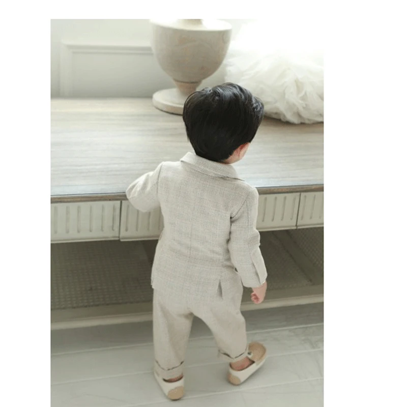 4PCS Little Boy Gentleman Suit Formal clothes Coat Vest Pants Tie bow Outfit Set Khaki Lattice birthday Wedding Party Dress | Детская