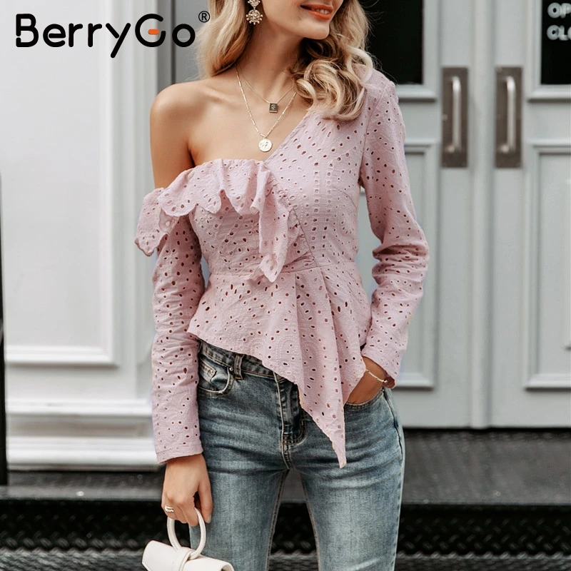BerryGo Блузка хлопка с кружевной вышивкой на одно плечо Блузка из хлопка с кружевной вышивкой на одно плечо женская блуза Уличная одежда Корейские топы