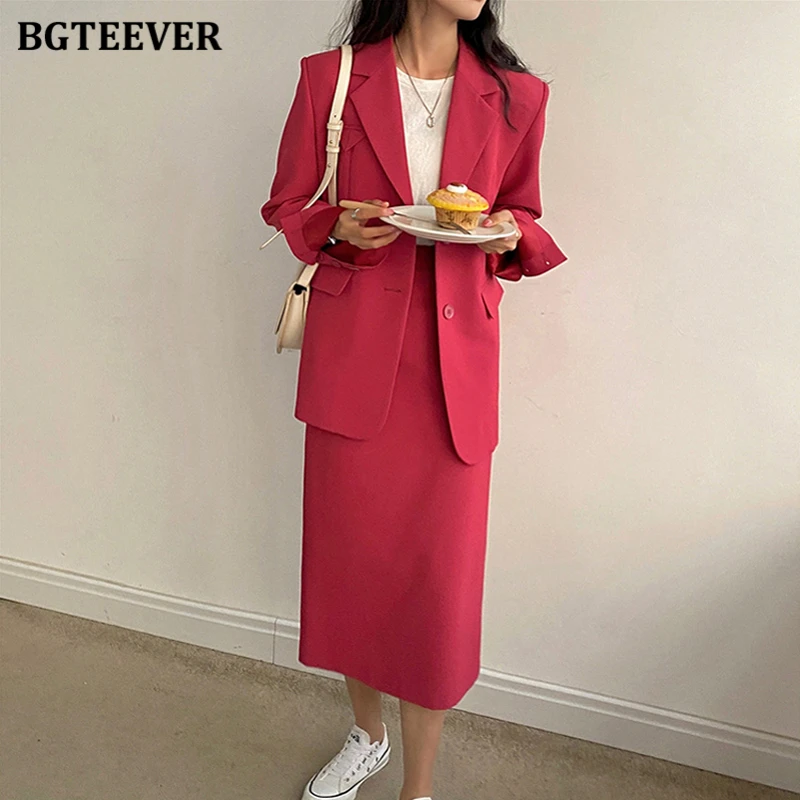 

BGTEEVER Chic Ladies Skirt Suits Full Sleeve Single-breasted Women Blazer Jackets & High Waist Straight Midi Skirts 2021 Autumn